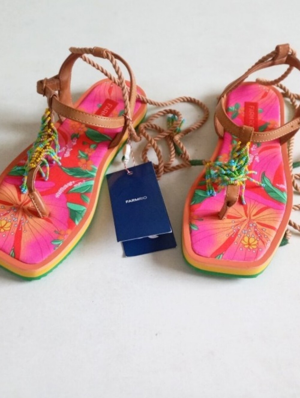 FARM Rio vibrant pink floral bold tropical print lace up beaded sandals